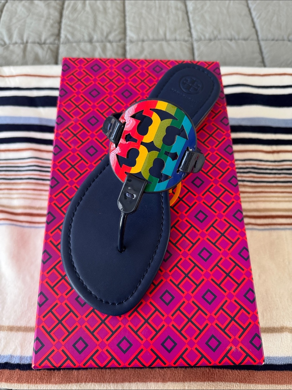 Tory Burch Navy Kids Logo Flip Flop with Rainbow Emblem